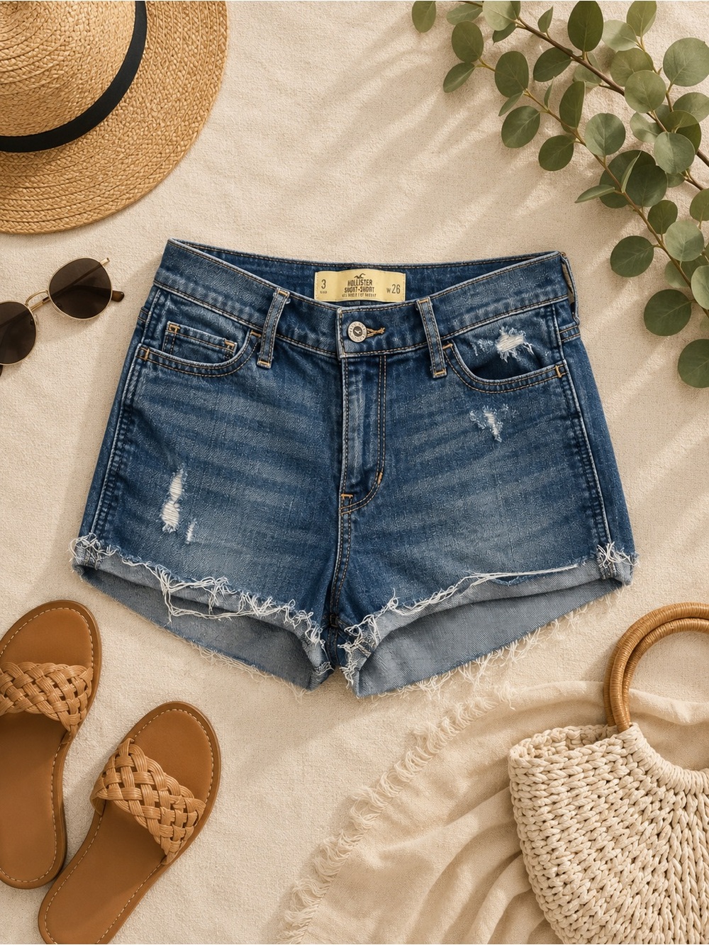 Hollister Distressed Blue Denim Frayed-Hem Shorts